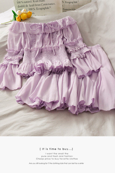 Moderns sieviešu komplekts no svārkiem un blūzes ar augstu jostasvietu ar lotosa piedurknēm