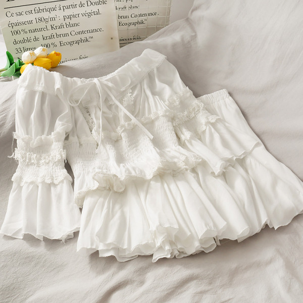 Moderns sieviešu komplekts no svārkiem un blūzes ar augstu jostasvietu ar lotosa piedurknēm