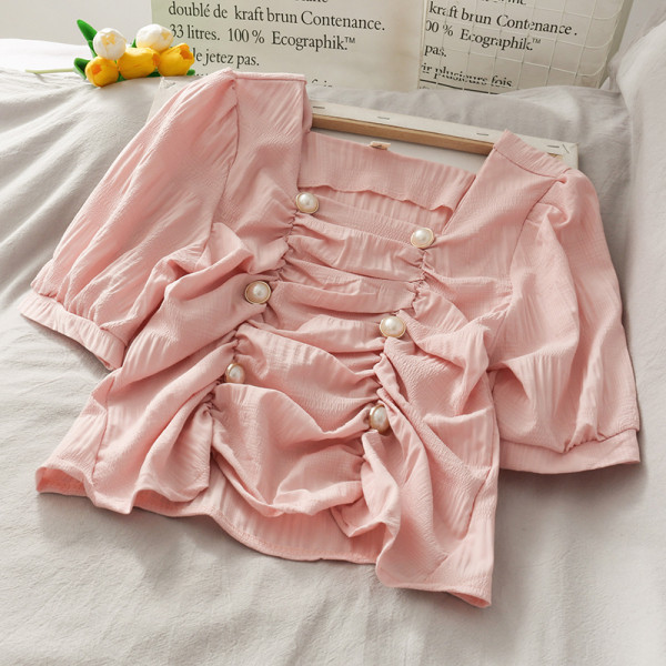 Modern női blúz gyöngyökkel és négyzet alakú nyakkivágással