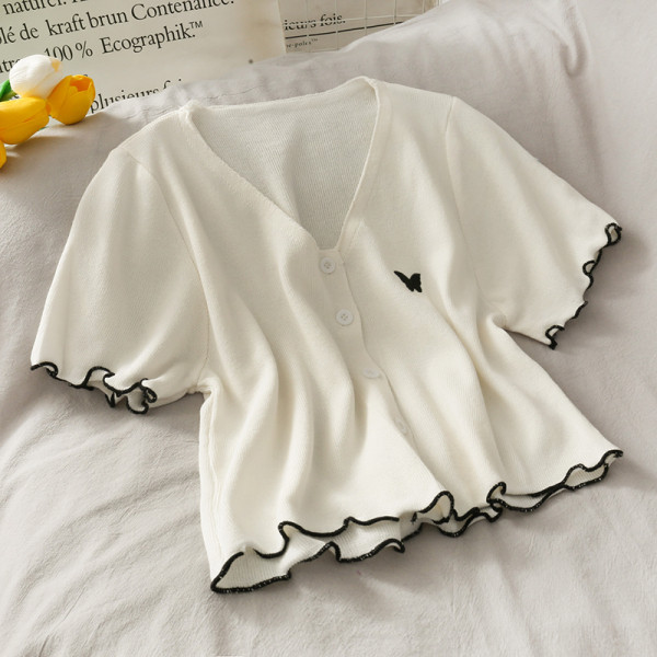 Bluză casual de damă cu nasturi și broderie fluturi