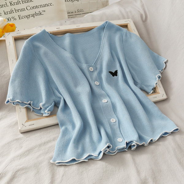 Bluză casual de damă cu nasturi și broderie fluturi