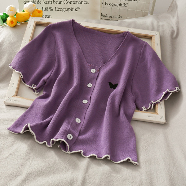 Bluză casual de damă cu nasturi și broderie fluturi