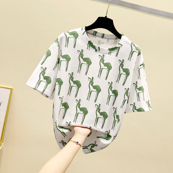 Tricou dama din bumbac cu decolteu oval si model floral cu cerb