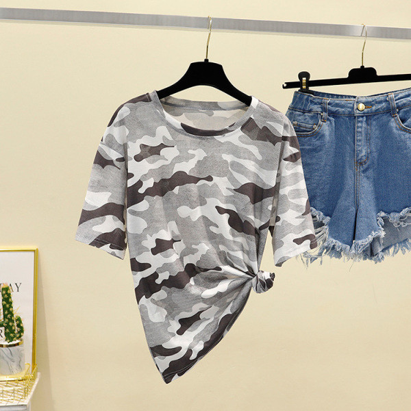 Tricou casual dama cu maneci scurte si model de camuflaj