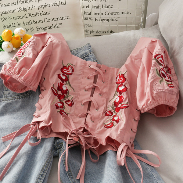 Bluza de dama moderna cu broderie si cravate - tip corset