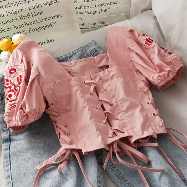 Bluza de dama moderna cu broderie si cravate - tip corset