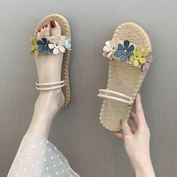 Papuci casual dama cu talpa plata si flori 3D