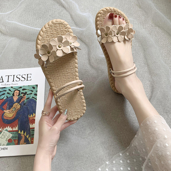 Papuci casual dama cu talpa plata si flori 3D