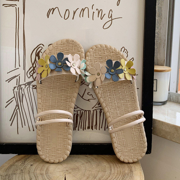 Papuci casual dama cu talpa plata si flori 3D