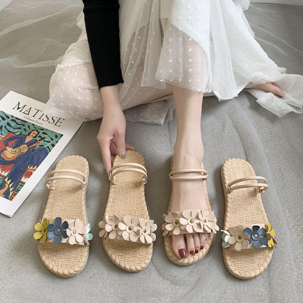 Papuci casual dama cu talpa plata si flori 3D