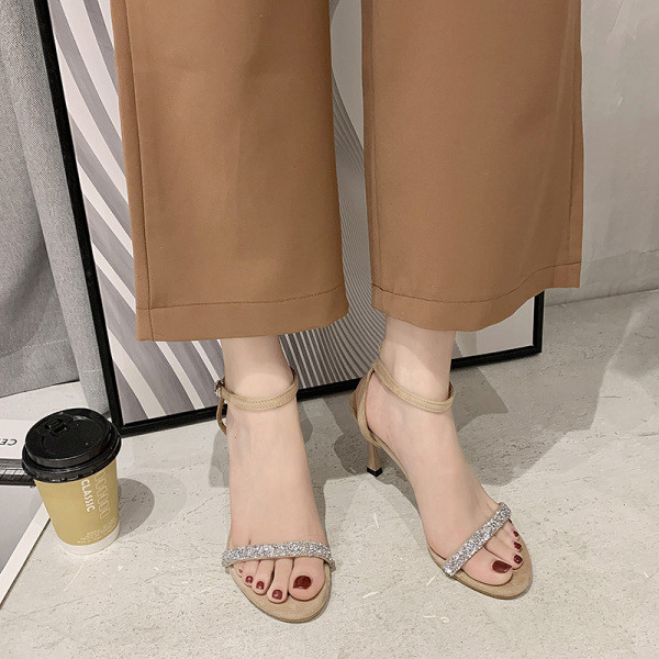 Sandale de dama elegante cu toc subtire si efect stralucitor