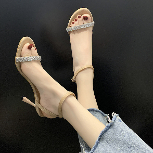 Sandale de dama elegante cu toc subtire si efect stralucitor