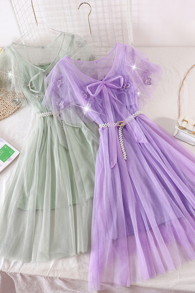 Rochie lunga de dama cu tul si curea de perle