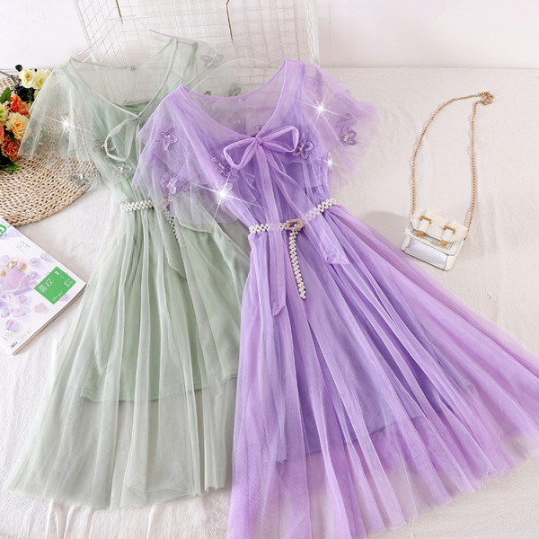 Rochie lunga de dama cu tul si curea de perle