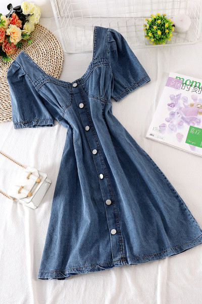 Rochie de dama din denim cu decolteu barca si nasturi