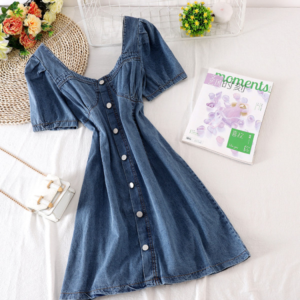 Rochie de dama din denim cu decolteu barca si nasturi