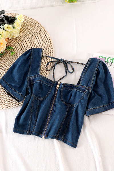 Bluză de damă din denim cu fermoar și șireturi