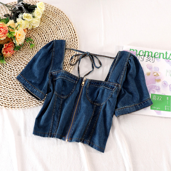 Bluză de damă din denim cu fermoar și șireturi