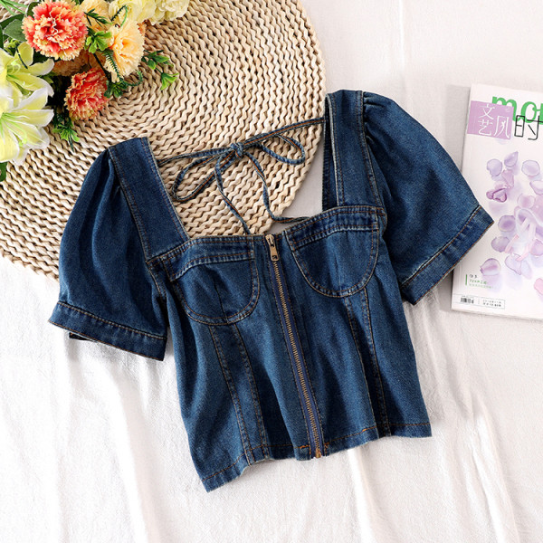 Bluză de damă din denim cu fermoar și șireturi