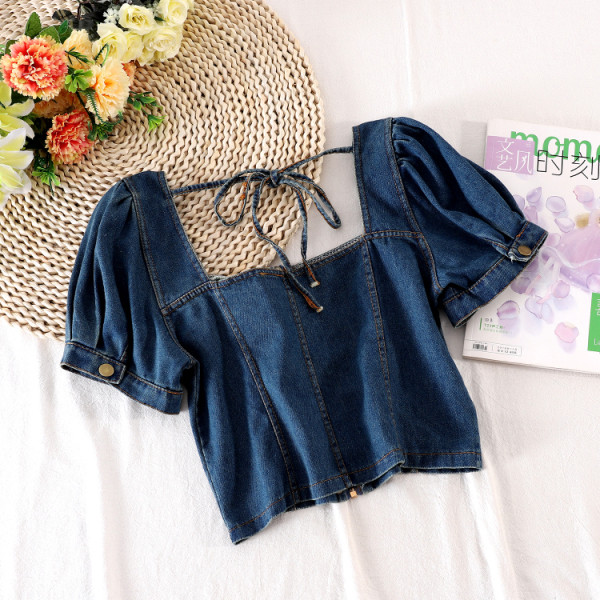 Bluză de damă din denim cu fermoar și șireturi