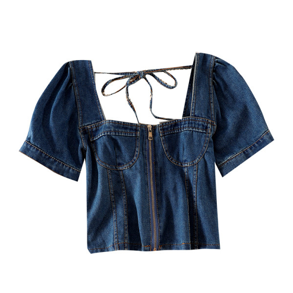 Bluză de damă din denim cu fermoar și șireturi