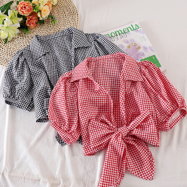 Ruuduline naiste lühike paelaga särk