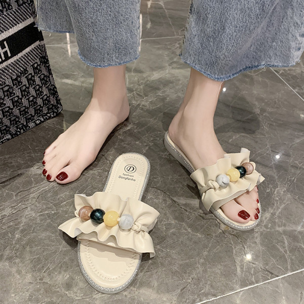 Papuci de damă cu talpă plată și un element - pietre colorate