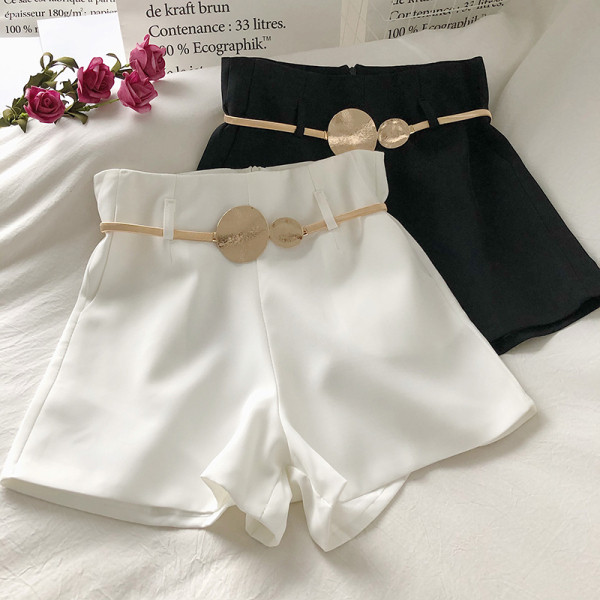 Pantaloni moderni de dama cu talie inalta si curea cu element metalic