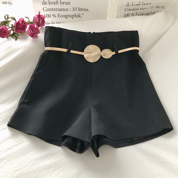 Pantaloni moderni de dama cu talie inalta si curea cu element metalic