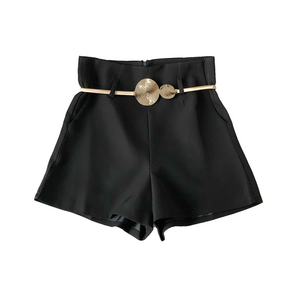 Pantaloni moderni de dama cu talie inalta si curea cu element metalic