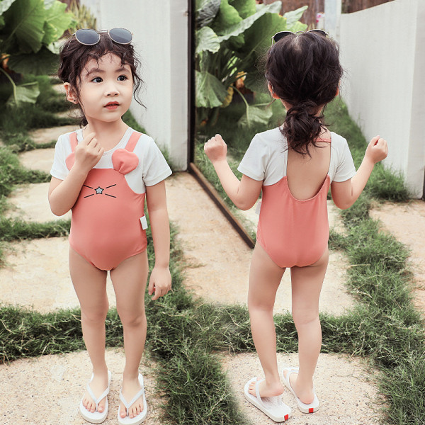 Moderns vesels bērnu peldkostīms meitenēm ar īsām piedurknēm un 3D dekorāciju