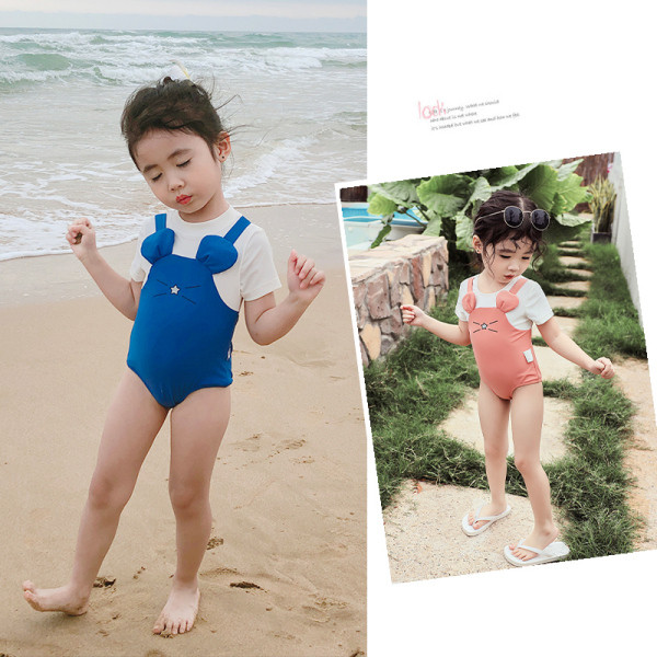 Moderns vesels bērnu peldkostīms meitenēm ar īsām piedurknēm un 3D dekorāciju