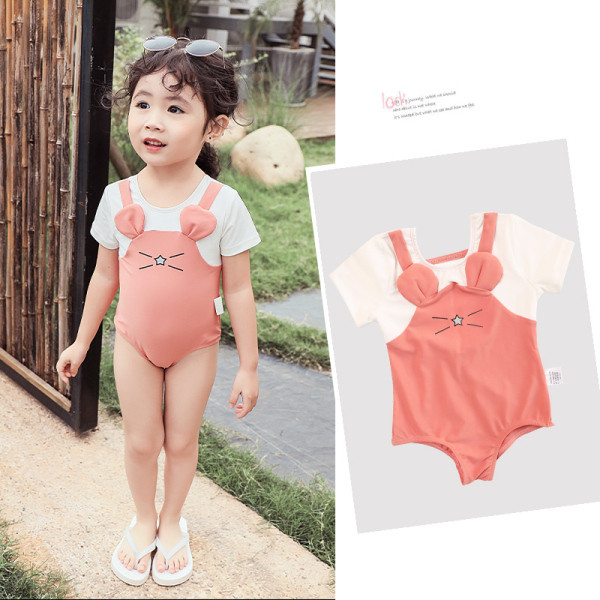 Moderns vesels bērnu peldkostīms meitenēm ar īsām piedurknēm un 3D dekorāciju