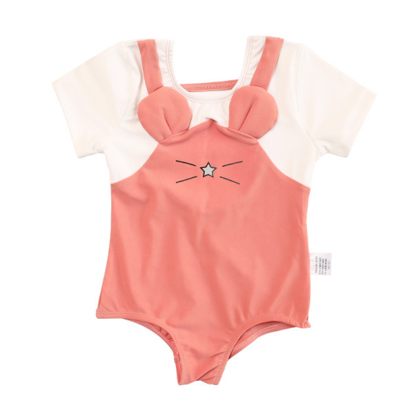 Moderns vesels bērnu peldkostīms meitenēm ar īsām piedurknēm un 3D dekorāciju