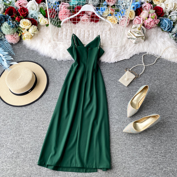 Rochie lunga de dama cu bretele metalice si fanta