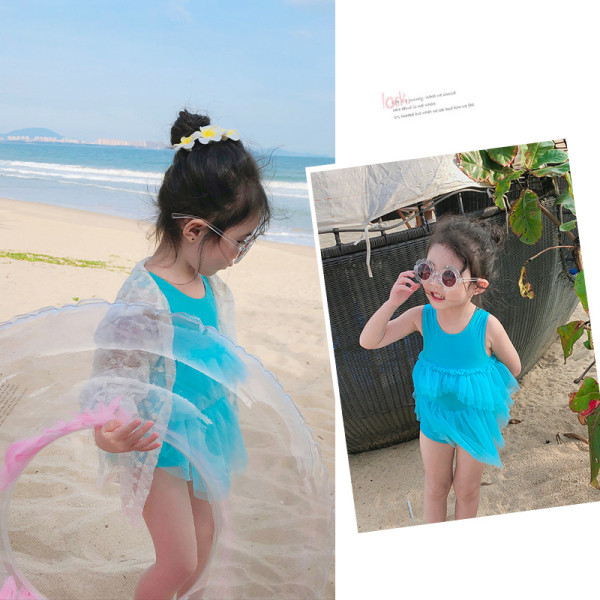 Costum de baie intreg model nou pentru fete cu tul si cravate pe spate