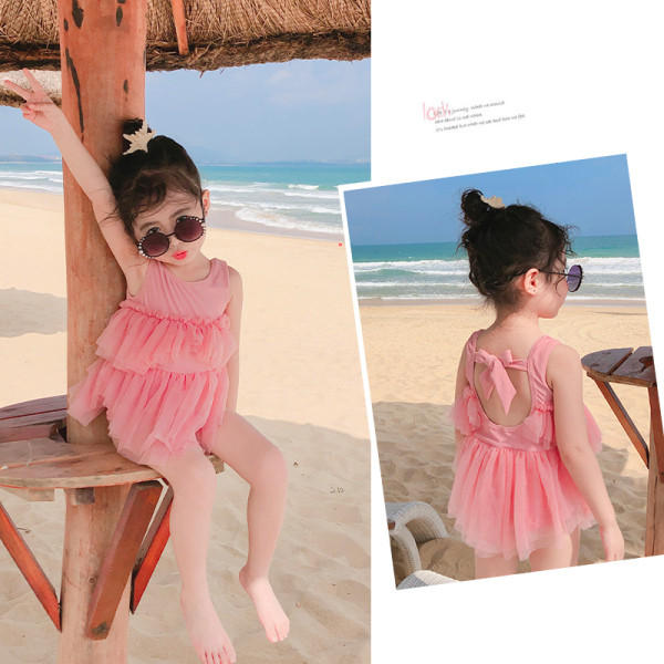 Costum de baie intreg model nou pentru fete cu tul si cravate pe spate