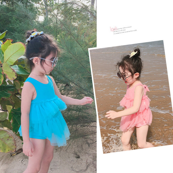 Costum de baie intreg model nou pentru fete cu tul si cravate pe spate