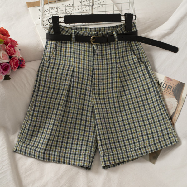 Ruudulised lühikesed püksid vöö ja kõrge vöökohaga