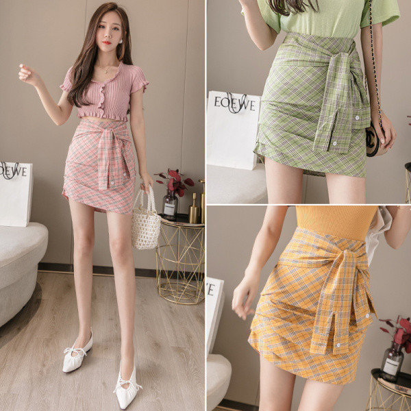 Rūtaini īsi sieviešu svārki ar augstu vidukli un saitēm