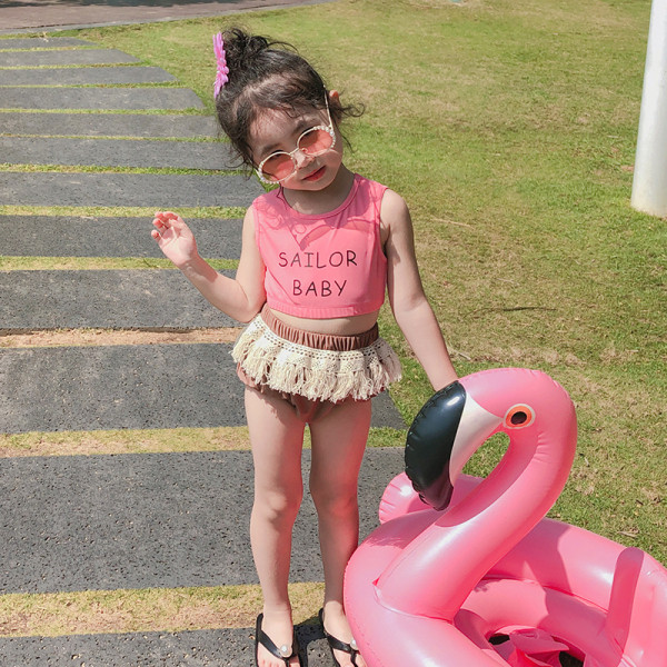 Costum de baie pentru fete pentru copii din două părți cu inscripție și franjuri