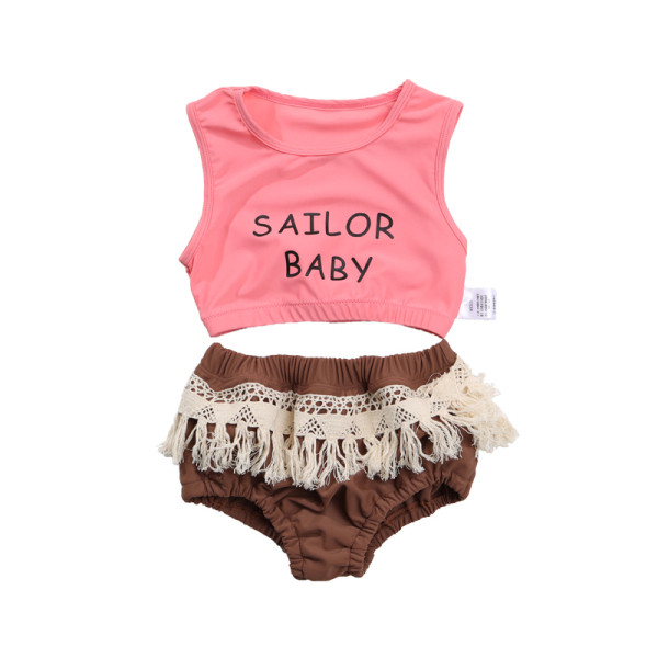 Costum de baie pentru fete pentru copii din două părți cu inscripție și franjuri
