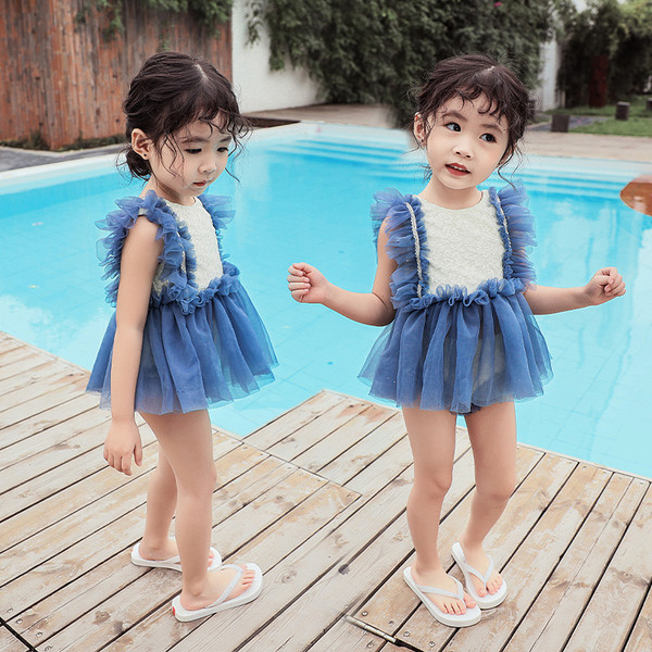 Model nou de costum de baie pentru fete pentru copii in doua parti cu tul