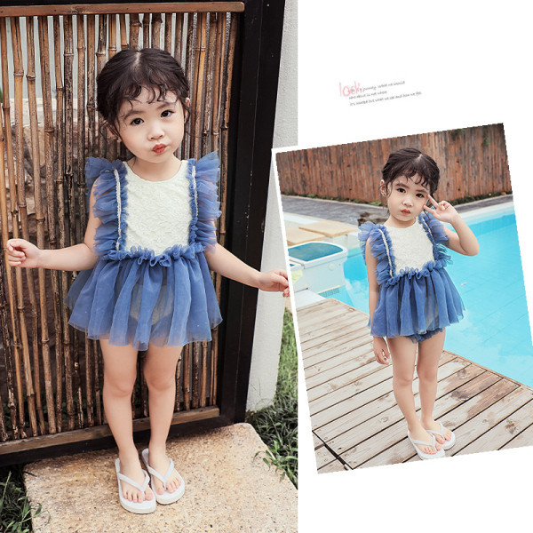 Model nou de costum de baie pentru fete pentru copii in doua parti cu tul