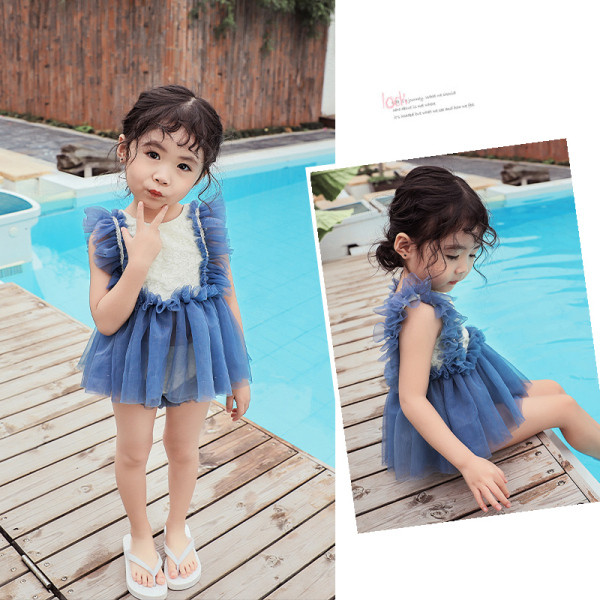 Model nou de costum de baie pentru fete pentru copii in doua parti cu tul