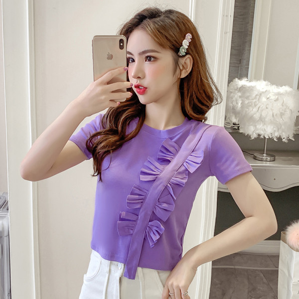 Bluză de damă moale, cu mâneci scurte și panglici