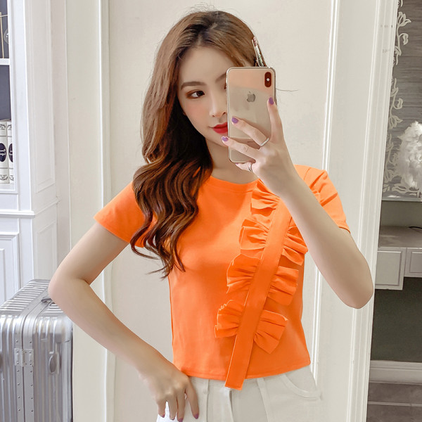 Bluză de damă moale, cu mâneci scurte și panglici