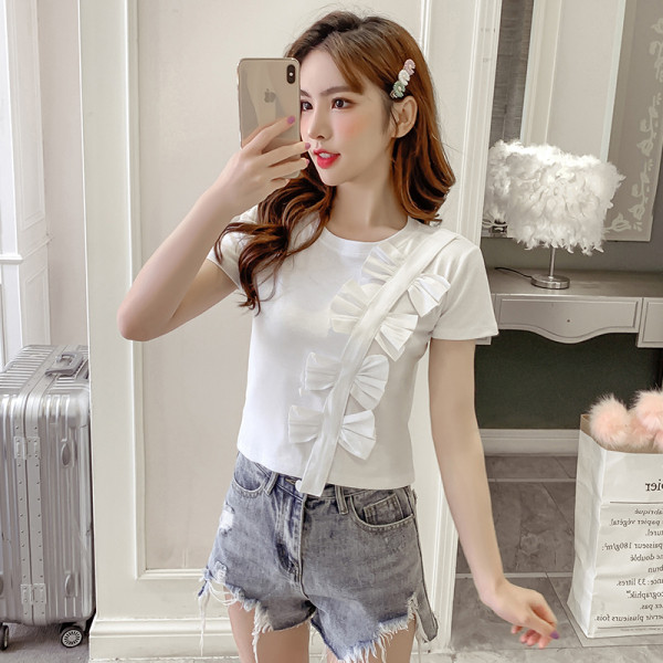 Bluză de damă moale, cu mâneci scurte și panglici