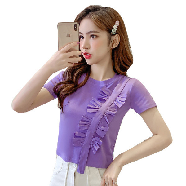 Bluză de damă moale, cu mâneci scurte și panglici