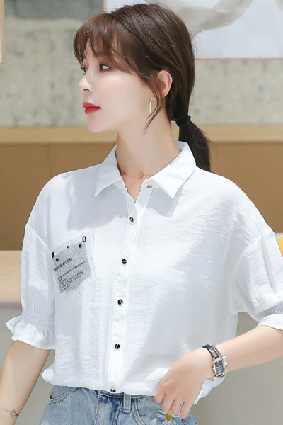 Cămașă modernă de șifon de damă cu mâneci 3/4 și guler clasic